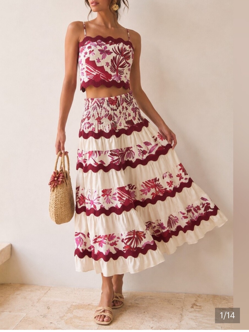 Caroline Constas Cream Linen Midi Skirt with Red Scalloped Floral Bands